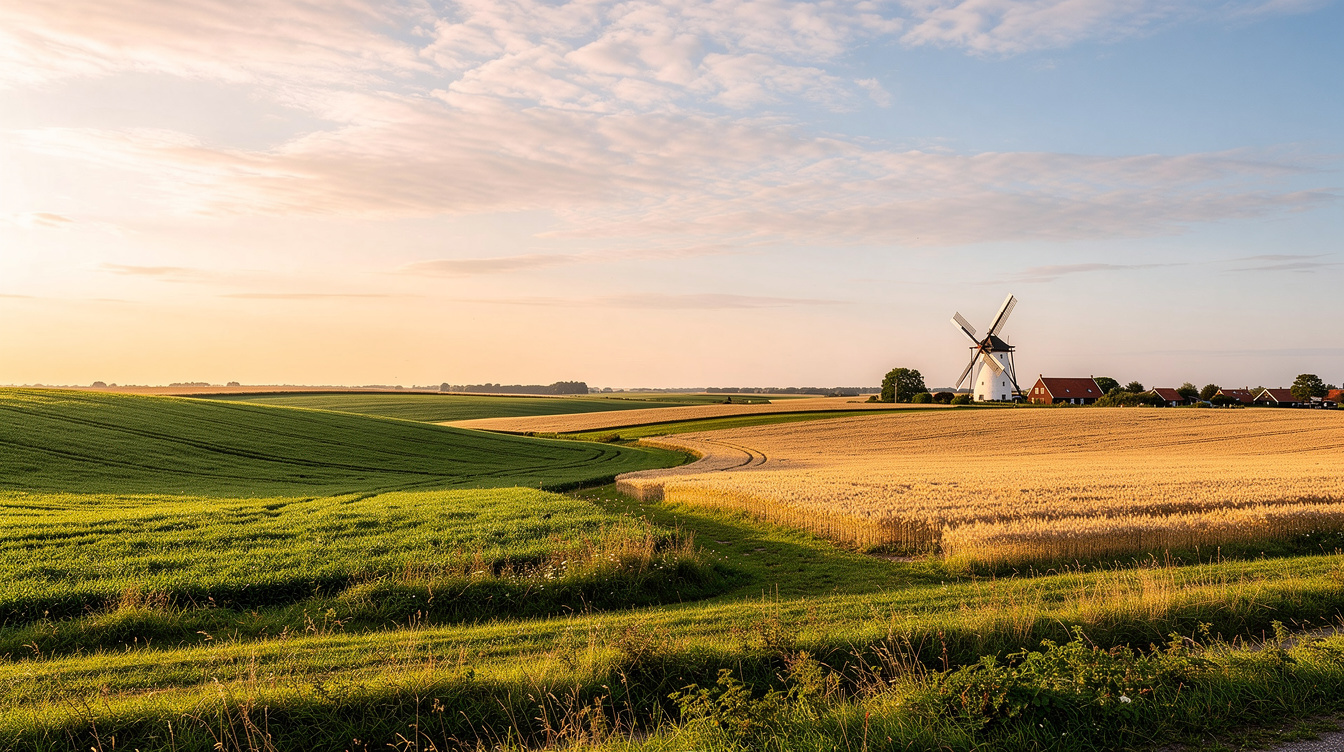 Rural Danish farmland with a windmill
